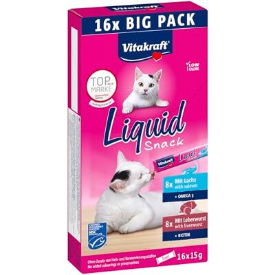 Vitakraft Liquid Snack Friandise pour chat crémeuse avec saucisse de foie et biotine, saumon et oméga 3, dans des sachets individuels, 1 paquet de conservation (16 x 15 g) Vitakraft Liquid Snack Friandise pour chat crémeuse avec saucisse de foie et biotine, saumon et oméga 3, dans des sachets individuels, 1 paquet de conservation (16 x 15 g)