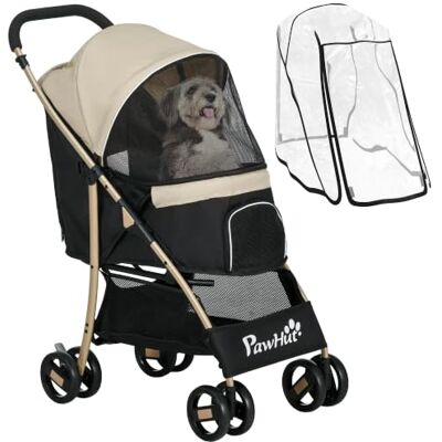 Pawhut Poussette pour animal domestique, poussette pour chiens et chats de petite taille, poussette pour chien et chat avec housse de pluie, panier de rangement, laisses de sécurité, coussin, kaki Pawhut Poussette pour animal domestique, poussette pour chiens et chats de petite taille, poussette pour chien et chat avec housse de pluie, panier de rangement, laisses de sécurité, coussin, kaki