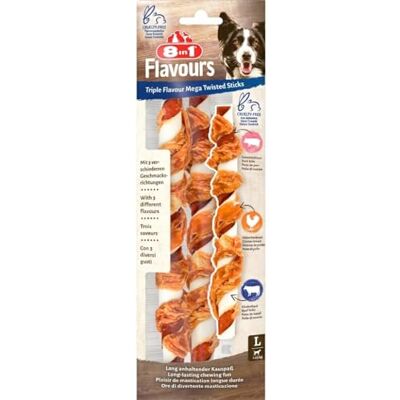 8in1 Triple Flavour Mega Twisted Sticks Gros bâtonnets à mâcher avec poitrine de poulet, peau de porc et bœuf, sachet de 140g (lot de 2) 8in1 Triple Flavour Mega Twisted Sticks Gros bâtonnets à mâcher avec poitrine de poulet, peau de porc et bœuf, sachet de 140g (lot de 2)