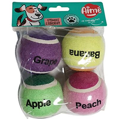 Aimé Jouet pour Chien Balle de Tennis au Parfum Fruité 4 Balles de 6 cm Pour Toutes Tailles Stimule l'Odorat Aimé Jouet pour Chien Balle de Tennis au Parfum Fruité 4 Balles de 6 cm Pour Toutes Tailles Stimule l'Odorat