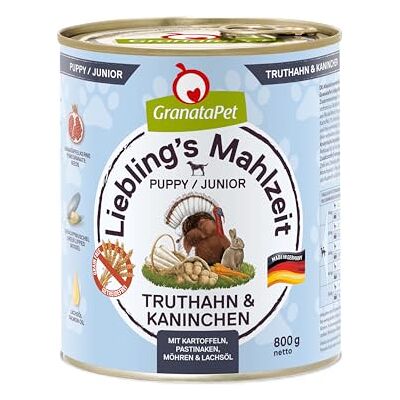 GranataPet Liebling's Repas dinde & lapin Junior Nourriture humide pour chien Sans céréales et sans sucre ajoutés Aliment complet 6 x 800 g GranataPet Liebling's Repas dinde & lapin Junior Nourriture humide pour chien Sans céréales et sans sucre ajoutés Aliment complet 6 x 800 g