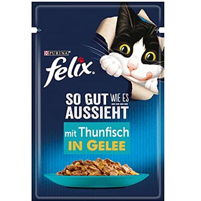 Felix Aliment humide pour chat avec thon, sachet portionné pratique, morceaux délicats en gelée, délicieuses variétés, alimentation complète à 100% Felix Aliment humide pour chat avec thon, sachet portionné pratique, morceaux délicats en gelée, délicieuses variétés, alimentation complète à 100%