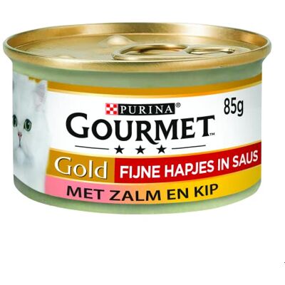 Gourmet Gold Fijne Hapjes in Saus Kattenvoer, Natvoer met Zalm en Kip in Saus 24x85g (24 blikjes; 2,04kg) Gourmet Gold Fijne Hapjes in Saus Kattenvoer, Natvoer met Zalm en Kip in Saus 24x85g (24 blikjes; 2,04kg)