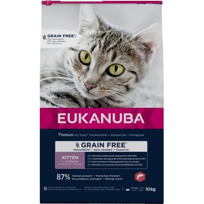 Eukanuba Grain Free Aliment sec pour chatons en pleine croissance, aliment sec premium riche en saumon pour chatons, 10 kg Eukanuba Grain Free Aliment sec pour chatons en pleine croissance, aliment sec premium riche en saumon pour chatons, 10 kg