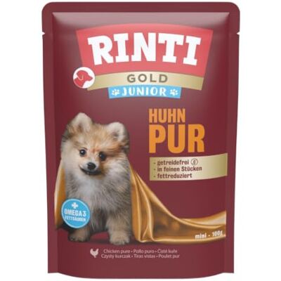 Rinti Gold Junior Nourriture humide à l'huile de saumon pour jeunes chiens en croissance. Aliment complet dans un sachet frais sans céréales, viande moulée, soja ou additifs artificiels 10 x 100 Rinti Gold Junior Nourriture humide à l'huile de saumon pour jeunes chiens en croissance. Aliment complet dans un sachet frais sans céréales, viande moulée, soja ou additifs artificiels 10 x 100