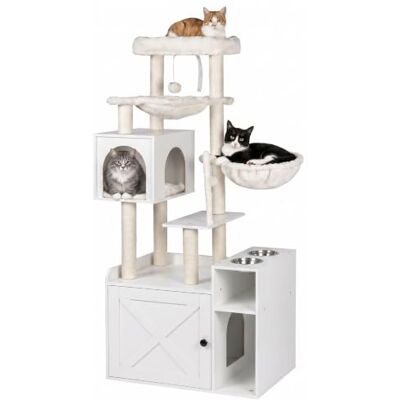 Relaxdays arbre à chat, meuble litière et station repas, blanc H x L x P : 144 x 71 x 45,5 cm, poteaux en sisal Relaxdays arbre à chat, meuble litière et station repas, blanc H x L x P : 144 x 71 x 45,5 cm, poteaux en sisal