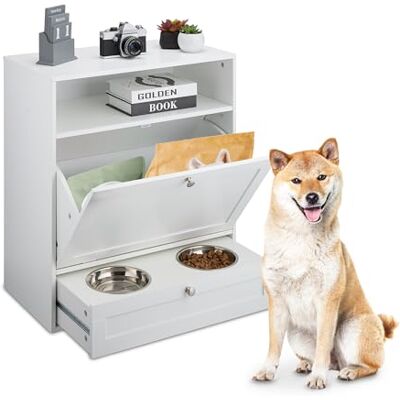 Relaxdays Armoire à nourriture pour chien, tiroir avec 2 gamelles, compartiment basculant, H x l x P : 68 x 60 x 33 cm, MDF, blanc Relaxdays Armoire à nourriture pour chien, tiroir avec 2 gamelles, compartiment basculant, H x l x P : 68 x 60 x 33 cm, MDF, blanc