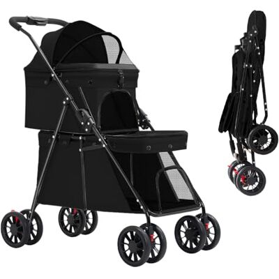 VIIROUD Double Couche Poussette pour Chien Chat Animaux, Animaux Voyage Poussette, Pliable Chien Chat À Quatre Roues Chariot/Landau Jogger/Poussette Buggy-67 * 50 * 95cm- Noir VIIROUD Double Couche Poussette pour Chien Chat Animaux, Animaux Voyage Poussette, Pliable Chien Chat À Quatre Roues Chariot/Landau Jogger/Poussette Buggy-67 * 50 * 95cm- Noir