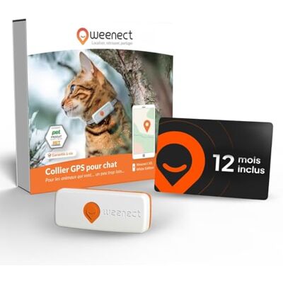 Weenect Pack XS Collier GPS pour chat Blanc 1 an d'abonnement inclus Suivi en Temps réel Etanche Garantie à vie Weenect Pack XS Collier GPS pour chat Blanc 1 an d'abonnement inclus Suivi en Temps réel Etanche Garantie à vie