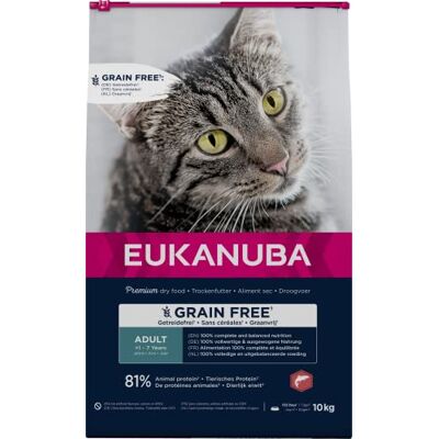 Eukanuba Grain Free Croquettes pour Chat Adulte Riche en saumon Enrichie en taurine, Sans OGM, colorants, arômes artificiels 10 kg Eukanuba Grain Free Croquettes pour Chat Adulte Riche en saumon Enrichie en taurine, Sans OGM, colorants, arômes artificiels 10 kg