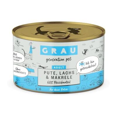 Grau Gris – L'original – Nourriture humide pour chat – dinde, saumon, maquereau, lot de 6 (6 x 200 g), sans céréales, pour chats adultes Grau Gris – L'original – Nourriture humide pour chat – dinde, saumon, maquereau, lot de 6 (6 x 200 g), sans céréales, pour chats adultes