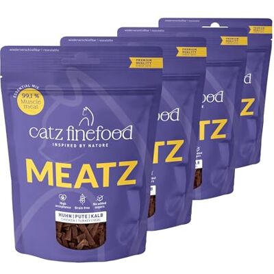 Catz finefood Meatz Friandises pour chat Essential Mix – Bandes croustillantes des viandes les plus populaires – Friandises pour chat pour les personnes allergiques sans sucre, sans céréales (4 x 45 g Catz finefood Meatz Friandises pour chat Essential Mix – Bandes croustillantes des viandes les plus populaires – Friandises pour chat pour les personnes allergiques sans sucre, sans céréales (4 x 45 g