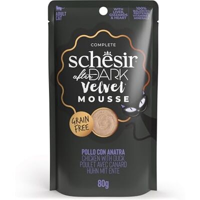 Schesir After Dark Filets de poulet avec canard en mousse, nourriture humide complète pour chats, en sachet, sans céréales, haute teneur en protéines, source d'hydratation, 12 x 80 g Schesir After Dark Filets de poulet avec canard en mousse, nourriture humide complète pour chats, en sachet, sans céréales, haute teneur en protéines, source d'hydratation, 12 x 80 g
