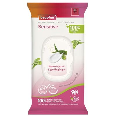 Beaphar – Lingettes Sensitive 100% végétales pour Chien et Chat – 98% Ingrédient naturels– Hypoallergéniques– À l'Aloe Vera et à la Pro-Vitamine B5– 0% parabène/alcool/parfum– pH neutre – 30 Lingettes Beaphar – Lingettes Sensitive 100% végétales pour Chien et Chat – 98% Ingrédient naturels– Hypoallergéniques– À l'Aloe Vera et à la Pro-Vitamine B5– 0% parabène/alcool/parfum– pH neutre – 30 Lingettes