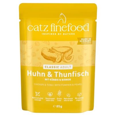 Catz finefood N° 25 Nourriture pour chat au poulet et au thon Nourriture fine humide Raffiné avec citrouille et cynorrhodon 16 sachets de 85 g Catz finefood N° 25 Nourriture pour chat au poulet et au thon Nourriture fine humide Raffiné avec citrouille et cynorrhodon 16 sachets de 85 g