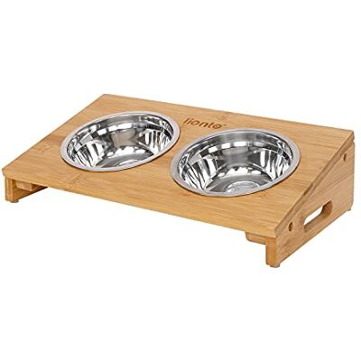 lionto Gamelle surélevée pour chien en bambou, 35x20x10 cm, double écuelle pour chiens et chats avec 2 bols inox Ø 14 cm, 250 ml chacun, passe au lave-vaisselle, antidérapante lionto Gamelle surélevée pour chien en bambou, 35x20x10 cm, double écuelle pour chiens et chats avec 2 bols inox Ø 14 cm, 250 ml chacun, passe au lave-vaisselle, antidérapante
