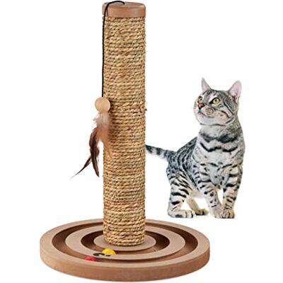 Relaxdays Colonne à chat H x D 45 x 30 cm, tronc à gratter avec jouet, corde en jonc de mer, arbre à chat interactif, marron Relaxdays Colonne à chat H x D 45 x 30 cm, tronc à gratter avec jouet, corde en jonc de mer, arbre à chat interactif, marron