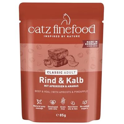 Catz finefood N° 7 Boeuf & veau Nourriture fine pour chat humide, raffinée à l'abricot et à l'ananas, 16 sachets de 85 g Catz finefood N° 7 Boeuf & veau Nourriture fine pour chat humide, raffinée à l'abricot et à l'ananas, 16 sachets de 85 g