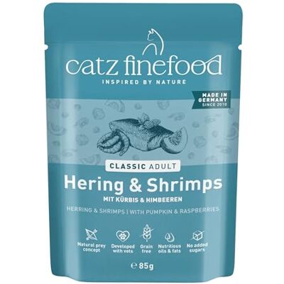 Catz finefood N° 13 Hereng & Crevettes Nourriture fine pour chat humide, raffinée à la citrouille et à l'aloe vera, 16 sachets de 85 g Catz finefood N° 13 Hereng & Crevettes Nourriture fine pour chat humide, raffinée à la citrouille et à l'aloe vera, 16 sachets de 85 g