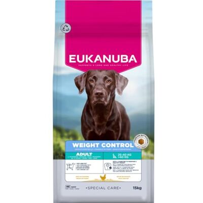 Eukanuba Weight Control Nourriture pour chien au poulet pour grandes pelouses, par exemple comme les chiens stérilisés/castrés – Nourriture sèche spéciale faible en gras pour maintenir le poids ou Eukanuba Weight Control Nourriture pour chien au poulet pour grandes pelouses, par exemple comme les chiens stérilisés/castrés – Nourriture sèche spéciale faible en gras pour maintenir le poids ou