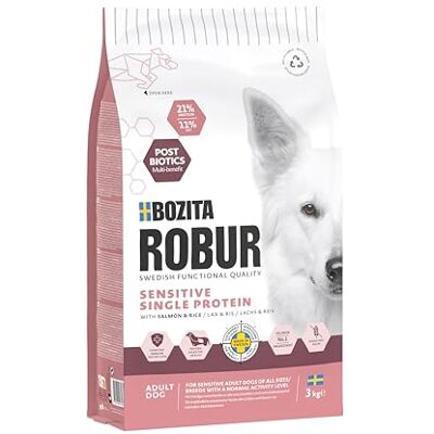Bozita ROBUR Adult Sensitive Single Protein Saumon Nourriture sèche pour chien 3 kg Haute acceptation Postbiotiques et saumon uniquement comme source de protéines animales Bozita ROBUR Adult Sensitive Single Protein Saumon Nourriture sèche pour chien 3 kg Haute acceptation Postbiotiques et saumon uniquement comme source de protéines animales