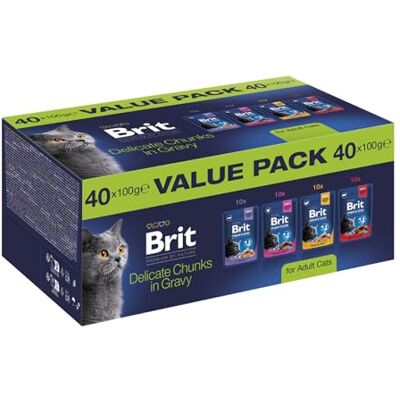 Brit Lot économique de nourriture humide de qualité supérieure pour chats, poulet et dinde, bœuf et pois, saumon et truite, morue en sauce, sans colorants ni conservateurs, 40 x 100 g Brit Lot économique de nourriture humide de qualité supérieure pour chats, poulet et dinde, bœuf et pois, saumon et truite, morue en sauce, sans colorants ni conservateurs, 40 x 100 g