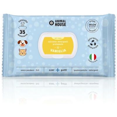 Animal House Lingettes Parfumées 35 Pièces Lingettes Humides Hypoallergéniques et Biodégradables pour le Nettoyage Quotidien des Chiens et des Chats (Vanille) Animal House Lingettes Parfumées 35 Pièces Lingettes Humides Hypoallergéniques et Biodégradables pour le Nettoyage Quotidien des Chiens et des Chats (Vanille)