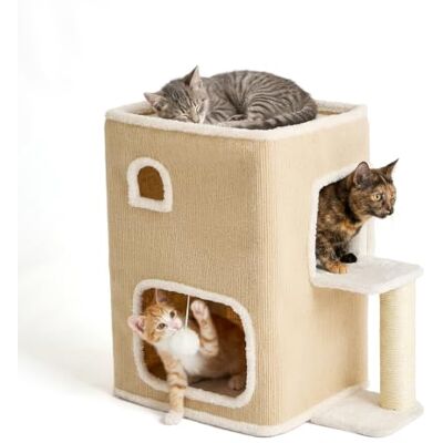 Relaxdays maison pour chat 2 étages, balle et griffoir, beige H x L x P : 58 x 57,5 x 35 cm, intérieur, tissu Relaxdays maison pour chat 2 étages, balle et griffoir, beige H x L x P : 58 x 57,5 x 35 cm, intérieur, tissu