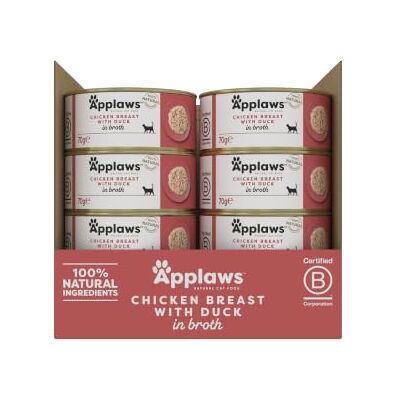 Applaws 100% naturel, poitrine de poulet et canard, nourriture humide en bouillon pour chats adultes 24 boîtes de 70g Applaws 100% naturel, poitrine de poulet et canard, nourriture humide en bouillon pour chats adultes 24 boîtes de 70g