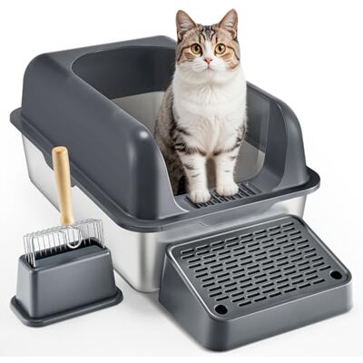 VEVOR Litière pour chat de 15,2 cm de profondeur, XL en acier inoxydable avec pelle, large pied filtrant et côtés hauts, boîte à litière fermée sans odeur, facile à nettoyer, convient aux grands chats VEVOR Litière pour chat de 15,2 cm de profondeur, XL en acier inoxydable avec pelle, large pied filtrant et côtés hauts, boîte à litière fermée sans odeur, facile à nettoyer, convient aux grands chats