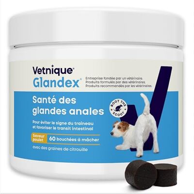 Vetnique Glandex pour Chien 60 bouchées à mâcher Santé des glandes anales Produit formulé par des vét pour favoriser la vidange des glandes anales Riche en oméga-3, graines de citrouille et fibres Vetnique Glandex pour Chien 60 bouchées à mâcher Santé des glandes anales Produit formulé par des vét pour favoriser la vidange des glandes anales Riche en oméga-3, graines de citrouille et fibres