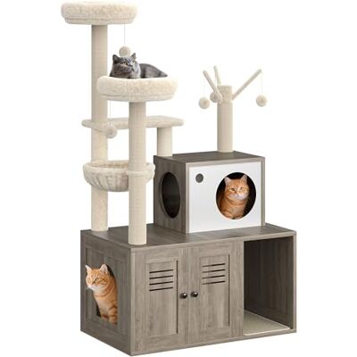 Garvee Meuble pour litière pour chat – Arbre à chat moderne multi-niveaux en bois, hamac, panier, tour peu encombrante, colonnes griffoir, condominium intégré, idéal pour l'intérieur, couleur fumée Garvee Meuble pour litière pour chat – Arbre à chat moderne multi-niveaux en bois, hamac, panier, tour peu encombrante, colonnes griffoir, condominium intégré, idéal pour l'intérieur, couleur fumée