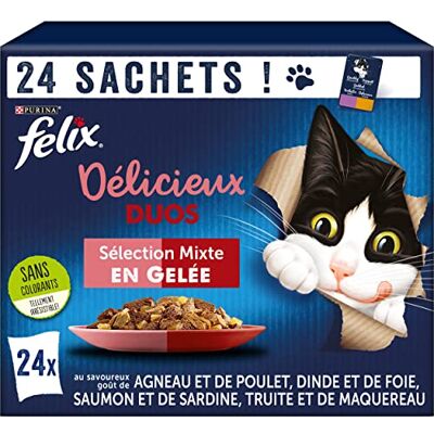 Felix Délicieux Duos En Gelée Chat Adulte Sélection mixte : Agneau et Poulet, Dinde et Foie, Saumon et Sardine, Truite et Maquereau Sachets Fraîcheurs (24 x 85 g) Felix Délicieux Duos En Gelée Chat Adulte Sélection mixte : Agneau et Poulet, Dinde et Foie, Saumon et Sardine, Truite et Maquereau Sachets Fraîcheurs (24 x 85 g)