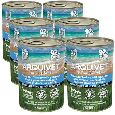 Arquivet Pâté au thon et à la dinde, à l'huile de potiron et de saumon, 6 boîtes de 400 g Convient à toutes les races Aliment humide naturel Arquivet Pâté au thon et à la dinde, à l'huile de potiron et de saumon, 6 boîtes de 400 g Convient à toutes les races Aliment humide naturel