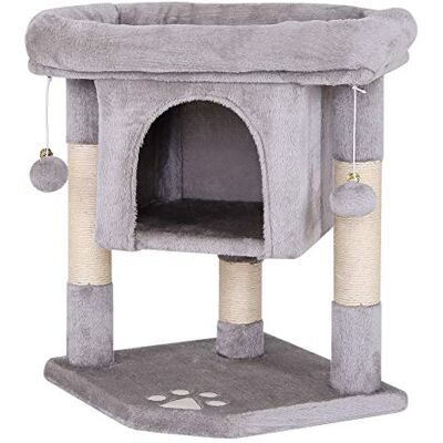 lionto Arbre à chat avec niche et 2 balles en peluche avec grelot, hauteur 60 cm, avec corde en sisal robuste et peluche douce, surface de repos confortable, pour petits et grands chats, gris clair lionto Arbre à chat avec niche et 2 balles en peluche avec grelot, hauteur 60 cm, avec corde en sisal robuste et peluche douce, surface de repos confortable, pour petits et grands chats, gris clair
