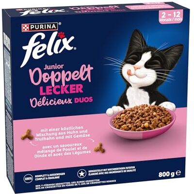 Felix Doppelt Lecker Junior Lot de 5 boîtes de nourriture sèche pour chat avec poulet, dinde et légumes 5 x 800 g Felix Doppelt Lecker Junior Lot de 5 boîtes de nourriture sèche pour chat avec poulet, dinde et légumes 5 x 800 g