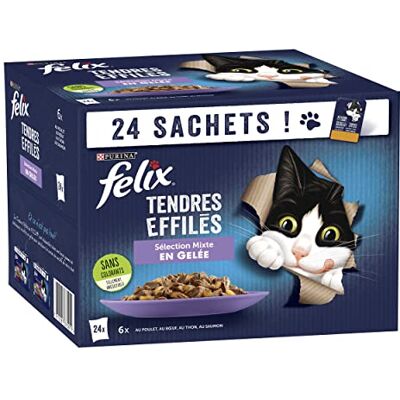 Felix Tendres Effilés en Gelée Chat Adulte Sélection de Poulet, Bœuf, Thon, Saumon Lot de 24 x 85 g Sachet fraicheur Lot de 4 Felix Tendres Effilés en Gelée Chat Adulte Sélection de Poulet, Bœuf, Thon, Saumon Lot de 24 x 85 g Sachet fraicheur Lot de 4