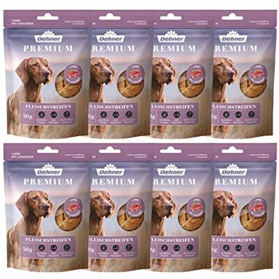 Dehner Friandises pour chien de qualité supérieure, sans céréales, friandises à mâcher pour chiens, qualité alimentaire, bandes d'agneau, 8 x 50 g (400 g) Dehner Friandises pour chien de qualité supérieure, sans céréales, friandises à mâcher pour chiens, qualité alimentaire, bandes d'agneau, 8 x 50 g (400 g)