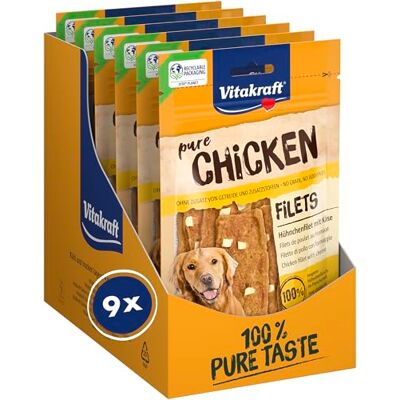 Vitakraft Pure Chicken Filets de poulet et morceaux de fromage Friandise à la viande pour chien Recette sans céréales ni sucre ajouté (9 x 80g) Vitakraft Pure Chicken Filets de poulet et morceaux de fromage Friandise à la viande pour chien Recette sans céréales ni sucre ajouté (9 x 80g)