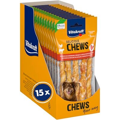 Vitakraft Chews Friandises pour chien Rouleau de récompense En peau de bœuf séchée Enroulé avec de la viande de poulet Faible en gras Pour chiens de taille moyenne Sans céréales ajoutées Vitakraft Chews Friandises pour chien Rouleau de récompense En peau de bœuf séchée Enroulé avec de la viande de poulet Faible en gras Pour chiens de taille moyenne Sans céréales ajoutées