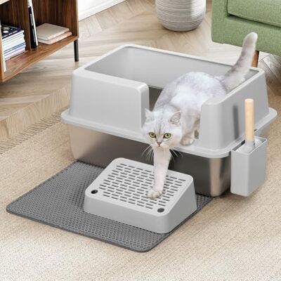 BAKAJI Litière pour chat XXL semi-ouverte avec base en acier inoxydable, capacité 35 litres et repose-pieds anti-sableuse, pelle avec récipient et tapis anti-salissure, 60 x 40 x 30 cm BAKAJI Litière pour chat XXL semi-ouverte avec base en acier inoxydable, capacité 35 litres et repose-pieds anti-sableuse, pelle avec récipient et tapis anti-salissure, 60 x 40 x 30 cm