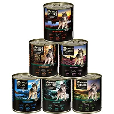 Dehner Wild Nature Lot de 6 boîtes de 800 g de nourriture pour chien adulte, canard, cheval, gibier, lapin, sans céréales, sans sucre, pour chiens adultes, canard, cheval, lapin, 6 boîtes de 800 g Dehner Wild Nature Lot de 6 boîtes de 800 g de nourriture pour chien adulte, canard, cheval, gibier, lapin, sans céréales, sans sucre, pour chiens adultes, canard, cheval, lapin, 6 boîtes de 800 g