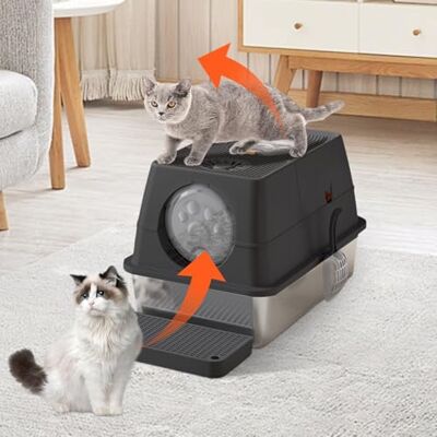 GarveeHome Grande litière en acier inoxydable avec couvercle, configuration à 2 portes, pour grands chats, facile à nettoyer, en métal, avec pédale de filtre à sable et pelle à litière, noire GarveeHome Grande litière en acier inoxydable avec couvercle, configuration à 2 portes, pour grands chats, facile à nettoyer, en métal, avec pédale de filtre à sable et pelle à litière, noire