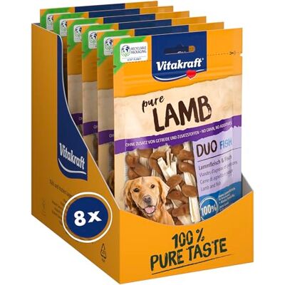 Vitakraft Snacks à la viande, agneau Duo, friandises pour chien, sans céréales, bandes de poisson enveloppées de viande d'agneau, sans sucre ajouté (8 x 80 g) Vitakraft Snacks à la viande, agneau Duo, friandises pour chien, sans céréales, bandes de poisson enveloppées de viande d'agneau, sans sucre ajouté (8 x 80 g)