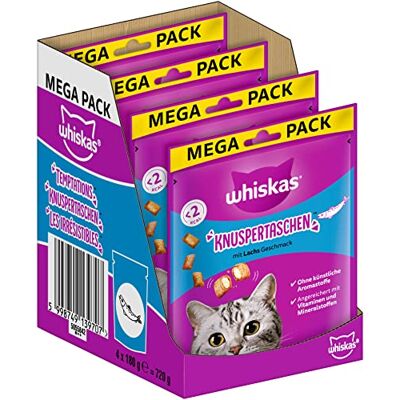 whiskas Knuspertaschen Lot de 4 paquets de friandises pour chat au goût saumon, 4 x 180 g (4 paquets) – Différents emballages de produits disponibles whiskas Knuspertaschen Lot de 4 paquets de friandises pour chat au goût saumon, 4 x 180 g (4 paquets) – Différents emballages de produits disponibles
