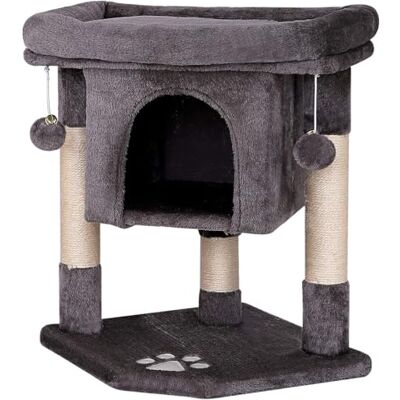 lionto Arbre à chat avec niche et 2 balles en peluche avec grelot, hauteur 60 cm, avec corde en sisal robuste et peluche douce, surface de repos confortable, pour petits et grands chats, gris foncé lionto Arbre à chat avec niche et 2 balles en peluche avec grelot, hauteur 60 cm, avec corde en sisal robuste et peluche douce, surface de repos confortable, pour petits et grands chats, gris foncé