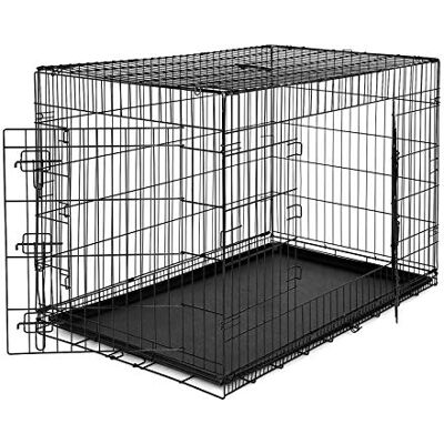 lionto Caisse de transport pour chiens et chats, cage polyvalente avec bac en plastique hygiénique, 106x71x77 cm, cage pour chien en métal avec fermetures de sécurité solides et cloison, noir lionto Caisse de transport pour chiens et chats, cage polyvalente avec bac en plastique hygiénique, 106x71x77 cm, cage pour chien en métal avec fermetures de sécurité solides et cloison, noir