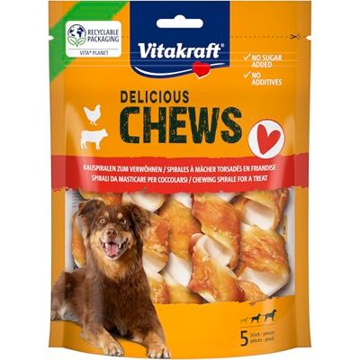 Vitakraft Delicious Chews Os à mâcher pour chien Spirale à mâcher en peau de bœuf enveloppée de viande de poulet Pour l'occupation Sans sucre ajouté (1 x 100 g) Vitakraft Delicious Chews Os à mâcher pour chien Spirale à mâcher en peau de bœuf enveloppée de viande de poulet Pour l'occupation Sans sucre ajouté (1 x 100 g)