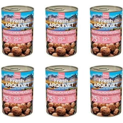 Arquivet Pack de 6 unités de saumon frais Boîtes de boulettes de saumon Boîtes de 400 g Nourriture humide pour chiens, toutes races Arquivet Pack de 6 unités de saumon frais Boîtes de boulettes de saumon Boîtes de 400 g Nourriture humide pour chiens, toutes races
