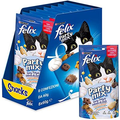 Felix Purina Party Mix Snack Chat Dairy Delight 8 boîtes de 60 g Felix Purina Party Mix Snack Chat Dairy Delight 8 boîtes de 60 g